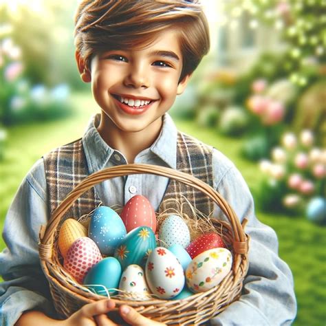 Premium Photo A Boy Holding A Basket Of Easter Eggs With A Smiling Face