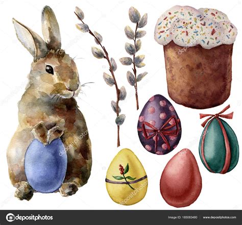 Watercolor Easter Symbols Set With Eggs And Bunny Hand Painted Color Eggs Pussy Willow Branch
