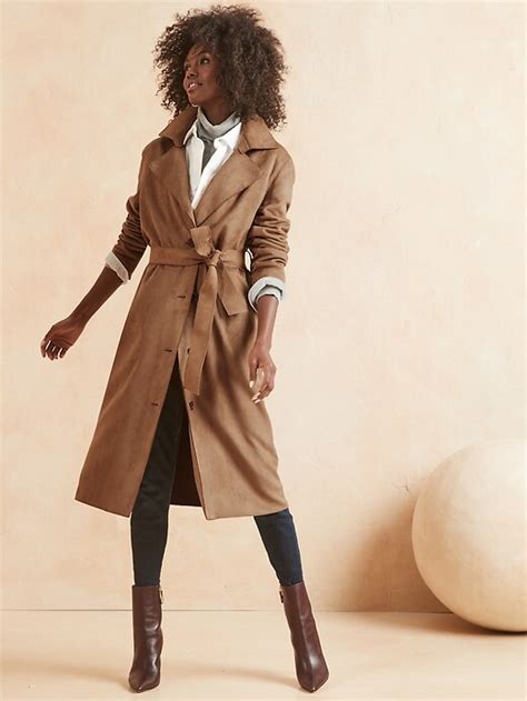 Petite Long Tie Waist Vegan Suede Trench Coat Banana Republic Factory