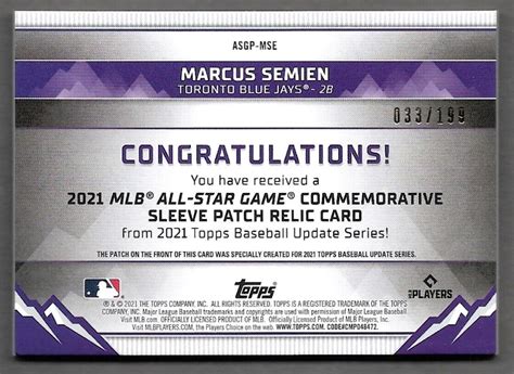 2021 Topps Update All Star Game Commemorative Patch ASGP MSE Marcus