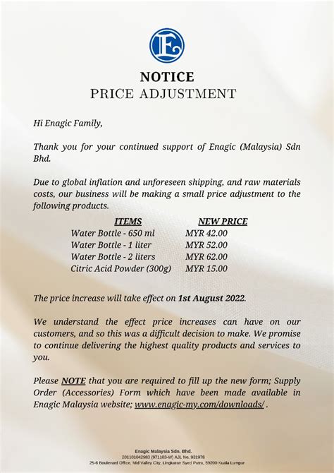 Notice Price Adjustment Effective On St August Enagic