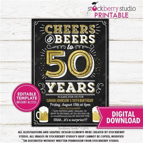 Cheers To Beers And 50 Years Invitation 50th Birthday Invite Adult