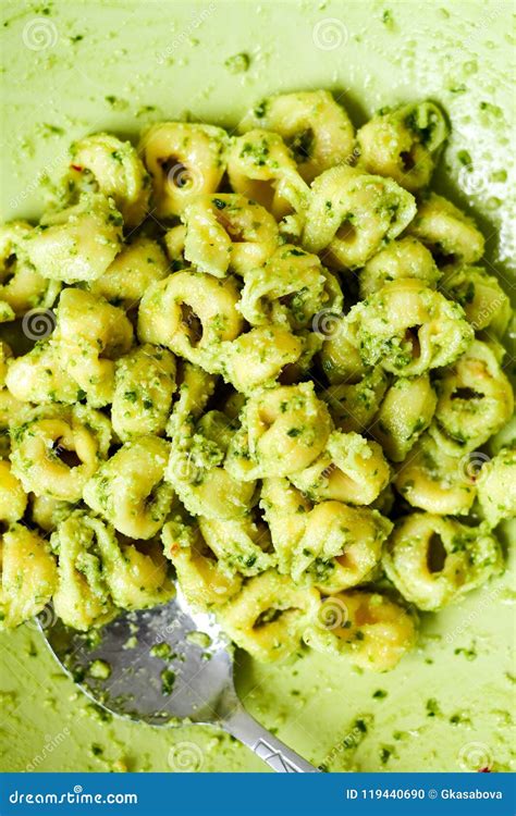 Tortellini Quattro Formaggi With Fresh Basil Pesto Stock Photo Image