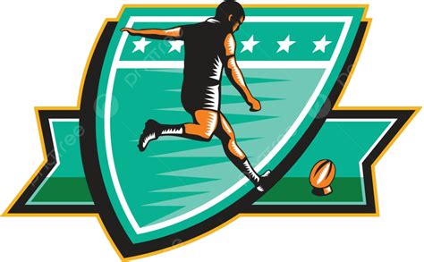 Jugador De Rugby Pateando La Pelota Escudo Ilustración Retro Pelota De