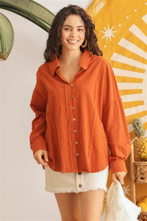 Wholesale Rust Cotton Button Up Long Sleeve Shirt 2 2 2