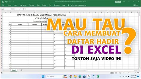 Cara Membuat Daftar Hadir Tamu Undangan Di Excel Youtube