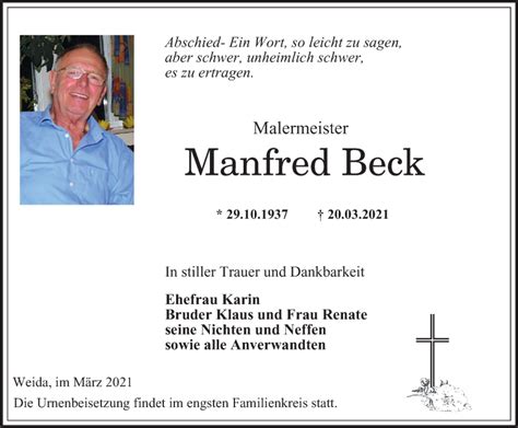 Traueranzeigen Von Manfred Beck Trauer In Thueringen De