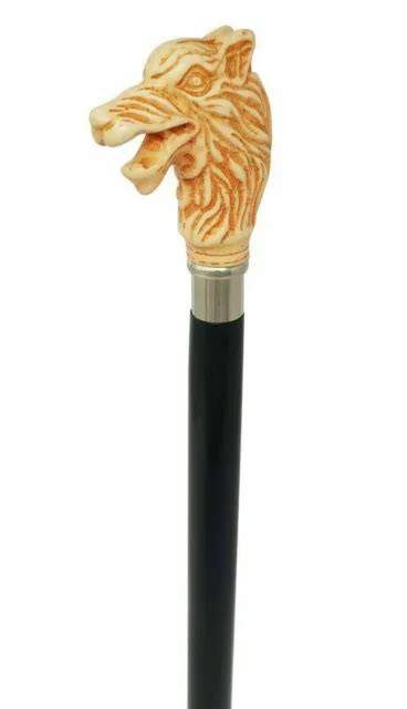 Wooden Walking Stick Wolf Head Handle Victorian Style Solid Cane