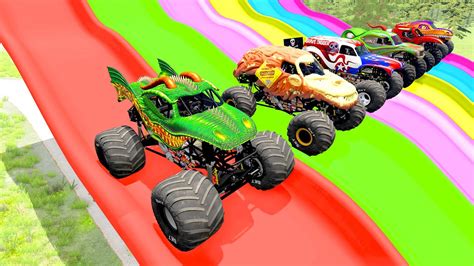 Monster Jam Funny Car High Speed Jump Slide Color Monster Trucks Crash