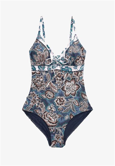 Next Lace Up Plunge Tummy Control Swimsuit Badeanzug Navy Floral