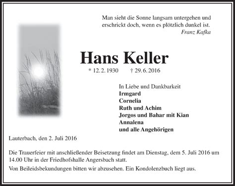 Traueranzeigen Von Hans Keller Vrm Trauer De