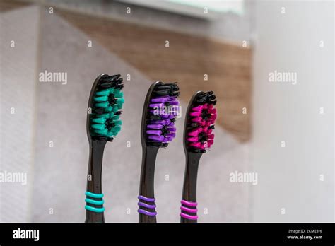 Toothbrushes Stand In A Special Stand In The Bathroom Interior Stock