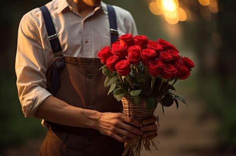 Premium Photo A Man Holds A Bouquet Of Red Roses In His Hands