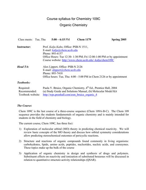 Course Syllabus For Chemistry 109C Organic Chemistry