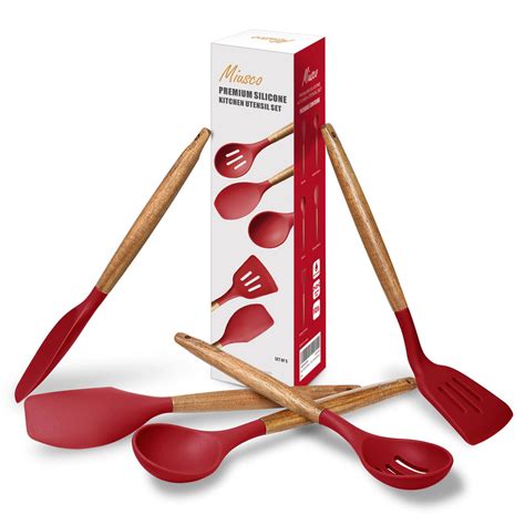 Miusco Non Stick Silicone Kitchen Utensils Set With Natural Acacia Hard Wood Handle 5 Pieces