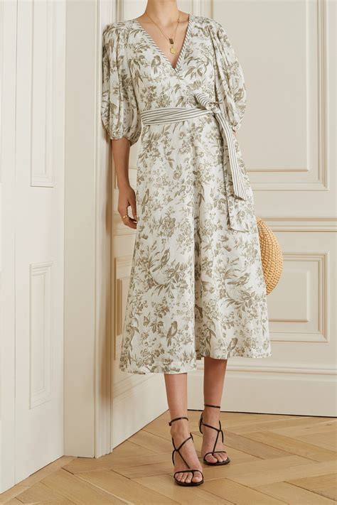 Ivory Belted Floral Print Linen Midi Dress Zimmermann In Linen