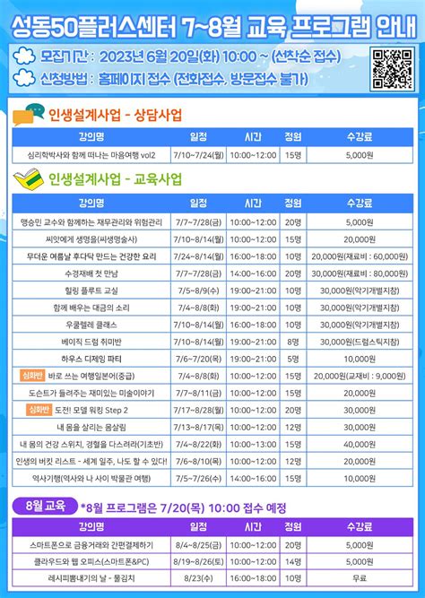 서울시 50플러스포털 성동 2023년 성동센터 여름학기 7~8월 교육 프로그램 수강생 모집 620화 1000~