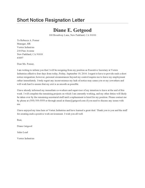 Short Notice Resignation Letters Free Templatearchive