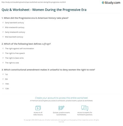 Quiz Worksheet Women During The Progressive Era Study