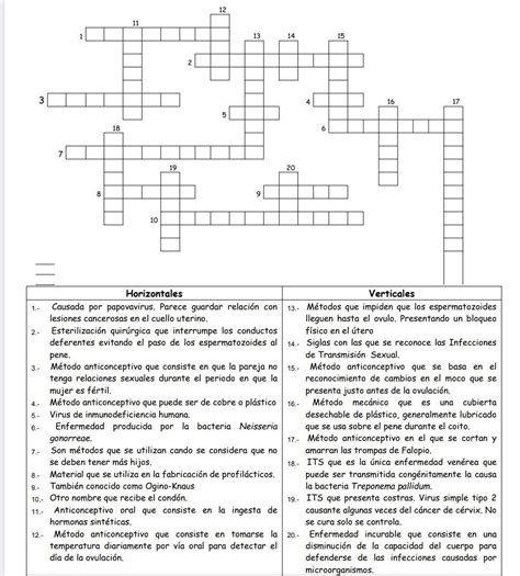 Resuelve el siguiente crucigrama sobre métodos anticonceptivos y