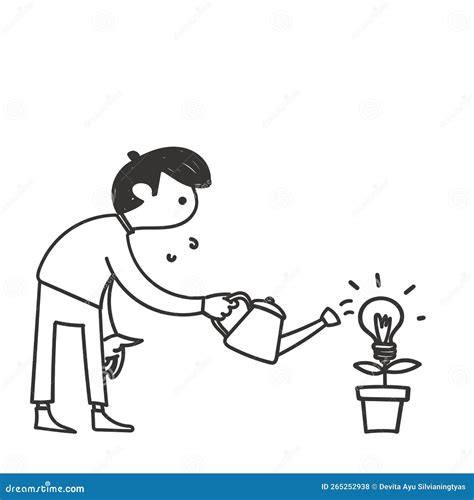 Hand Drawn Doodle Character Watering Bulb Plants Illustration Stock