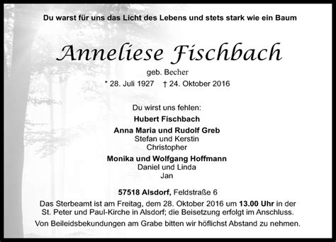 Traueranzeigen Von Anneliese Fischbach Rz Trauer De