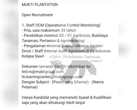 Lowongan Kerja Staff OCM Di Mukti Plantation November 2022 TAMBNAS