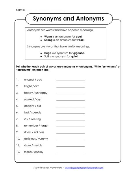 Synonyms And Antonyms Worksheets Nd Grade