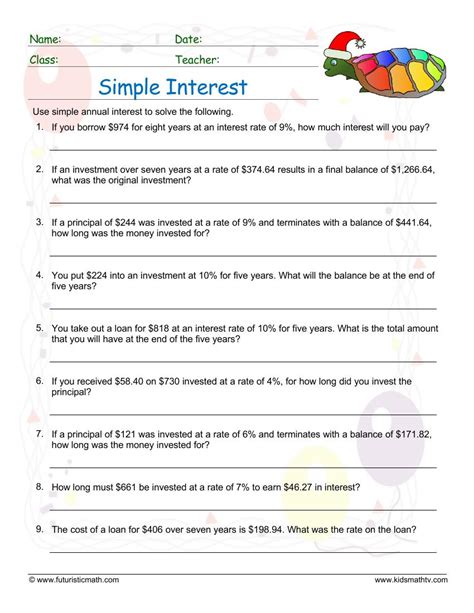 Worksheet Simple Interest