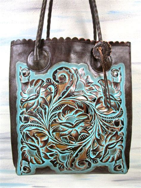 Patricia Nash Cavo Turquoise Tooled Leather Cut Out Tote Shopper Purse