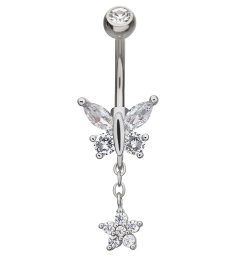 Flower Butterfly Clear Cz Dangle Stainless Steel Belly Button Ring