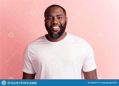 Portrait Of Handsome Man Positive Look Camera Beaming Shiny Smile On