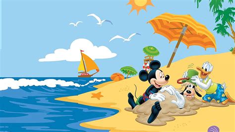 Mickey on the beach, goofy, umbrella, yellow, mickey mouse, beach, sand ...