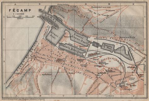 FÉCAMP antique town city plan de la ville Haute Normandie carte 1909