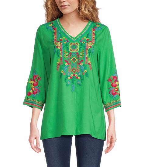 Calessa Woven Embroidered V Neck 3 4 Sleeve Straight Hem Pullover Tunic