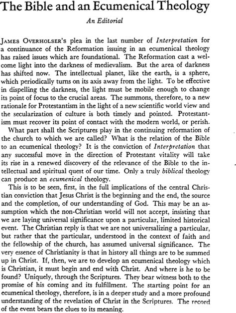 The Bible And An Ecumenical Theology An Editorial 1950