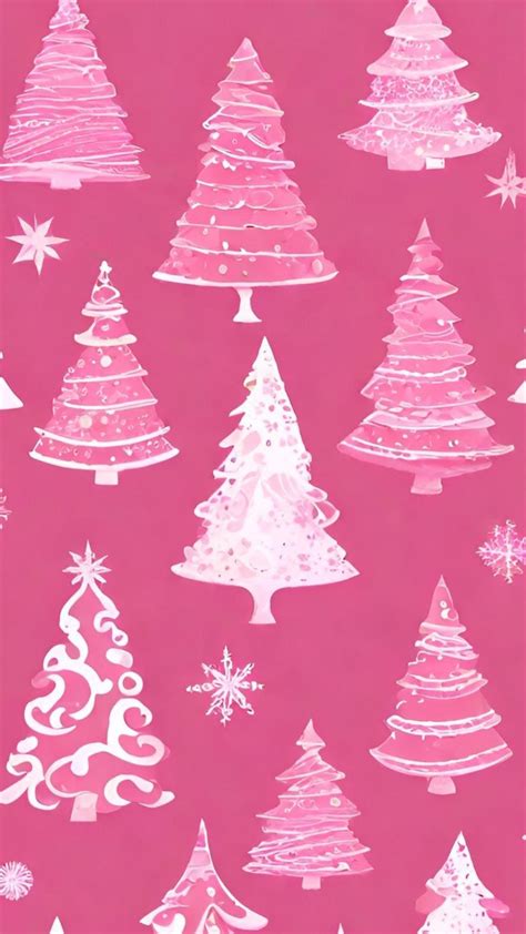 Pink Christmas Tree Pattern Phone Wallpaper Art Aesthetic