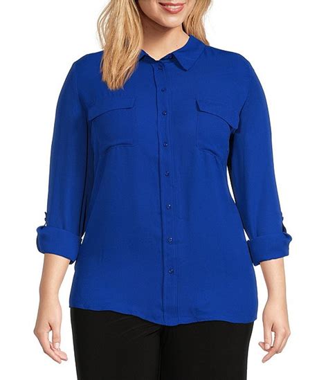 Investments Plus Size Olivia Point Collar Long Sleeve Button Front Roll