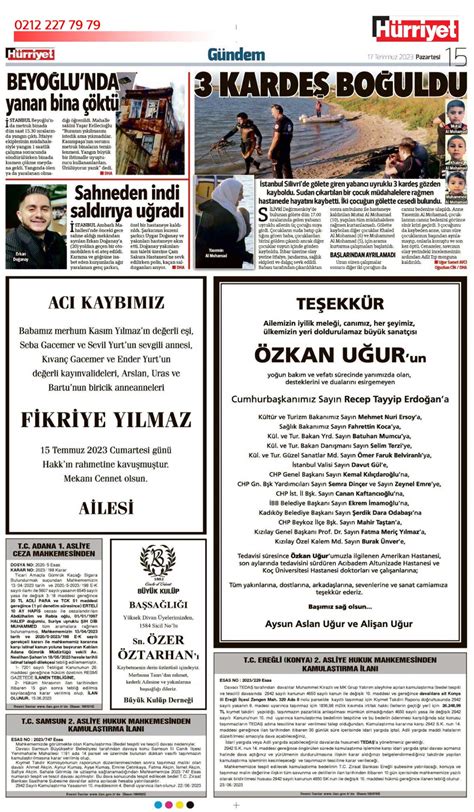 17 Temmuz Pazartesi Vefat İlanlar Hurriyet İlan Servisi