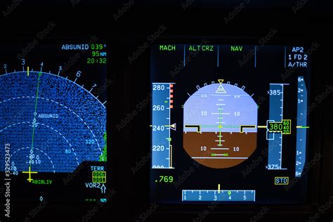 Primary Flight Display And Navigation Display At Night Of An Airbus