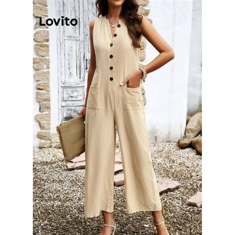 Lovito Women Casual Plain Button Pocket Jumpsuit Lnl Khaki Brown