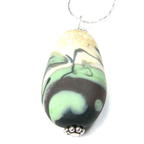 Satin Black Ivory Green Lampwork Teardrop Pendant Necklace Sterling