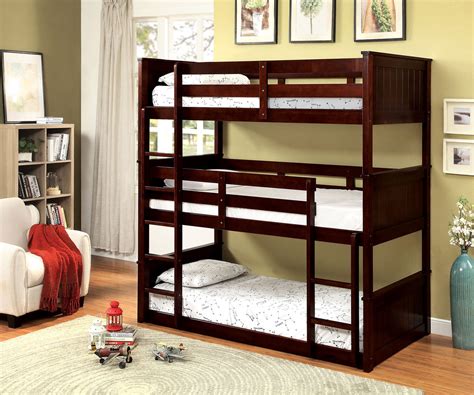 Stacked Triple Twin Bunk Bed In Espresso Finish Bunk Beds For 3