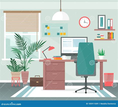 Home Office Workplace Vector Illustration Cartoon Flat Apartment Room