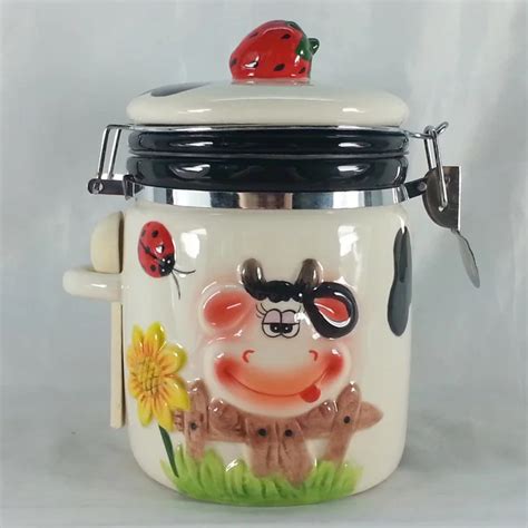 Cute Colorful Glazed Painting Cow Ceramic Canister Set With Wooden