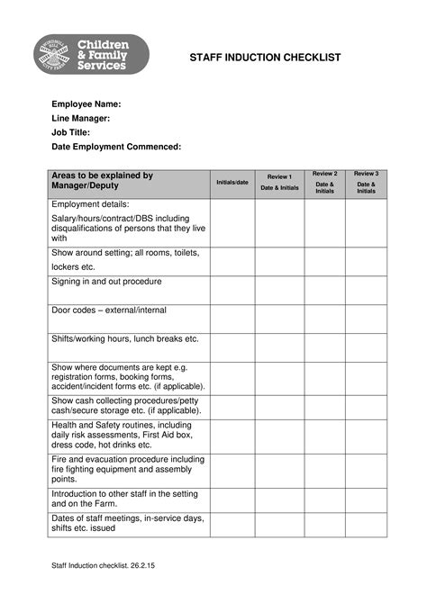 Staff Induction Checklist Sample