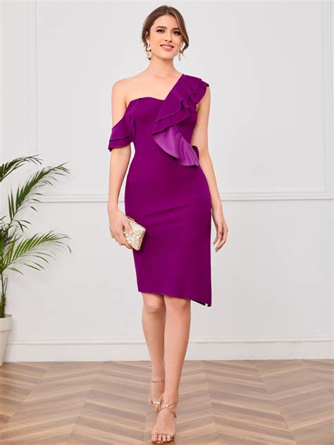 Shein Belle Asymmetrical Neck Ruffle Trim Asymmetrical Hem Dress