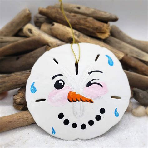 Hand Painted Winking Snowman Face Handcrafted Florida Sand Dollar