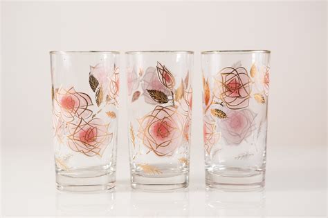 3 Vintage Glasses With Pink And Gold Floral Pattern Ornate Rose Flower Cocktail Glasses