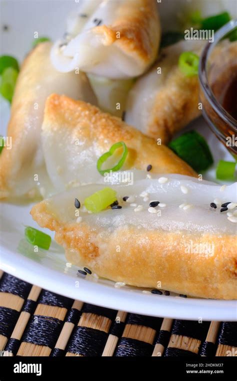 Homemade Fried Asian Potsticker Dumpling Appetizer With Spicy Ponzu